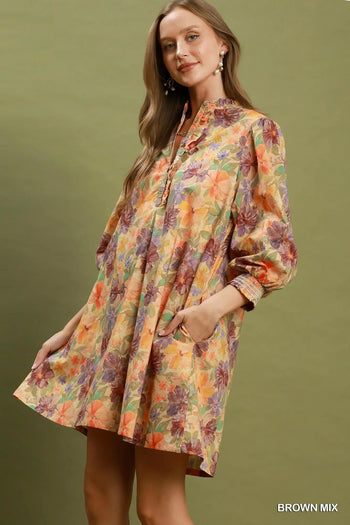 Umgee Mix Floral Print Smocked Cuff Mini Dress in Brown Mix