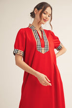 Load image into Gallery viewer, Jodifl Solid Color Midi Dress with Contrasting Classic Check in Tomato Red
