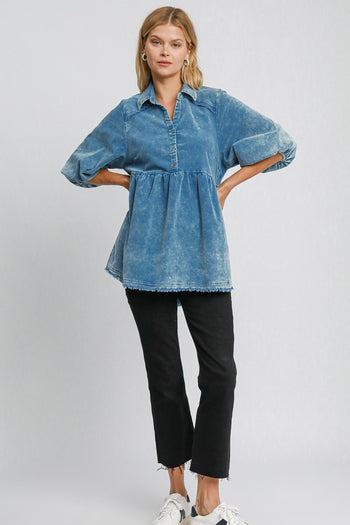 Umgee Stone Washed Corduroy Tunic Top in Denim Blue