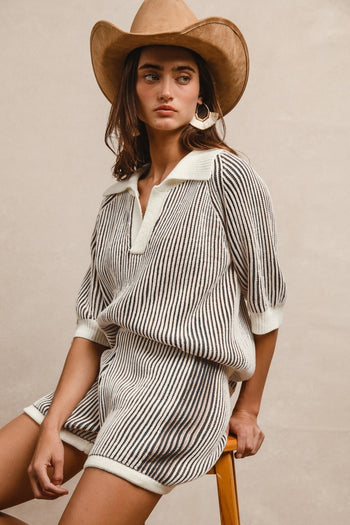 BiBi Two Toned Textured Ribbed Sweater Top and Shorts Set in Ivory/Grey