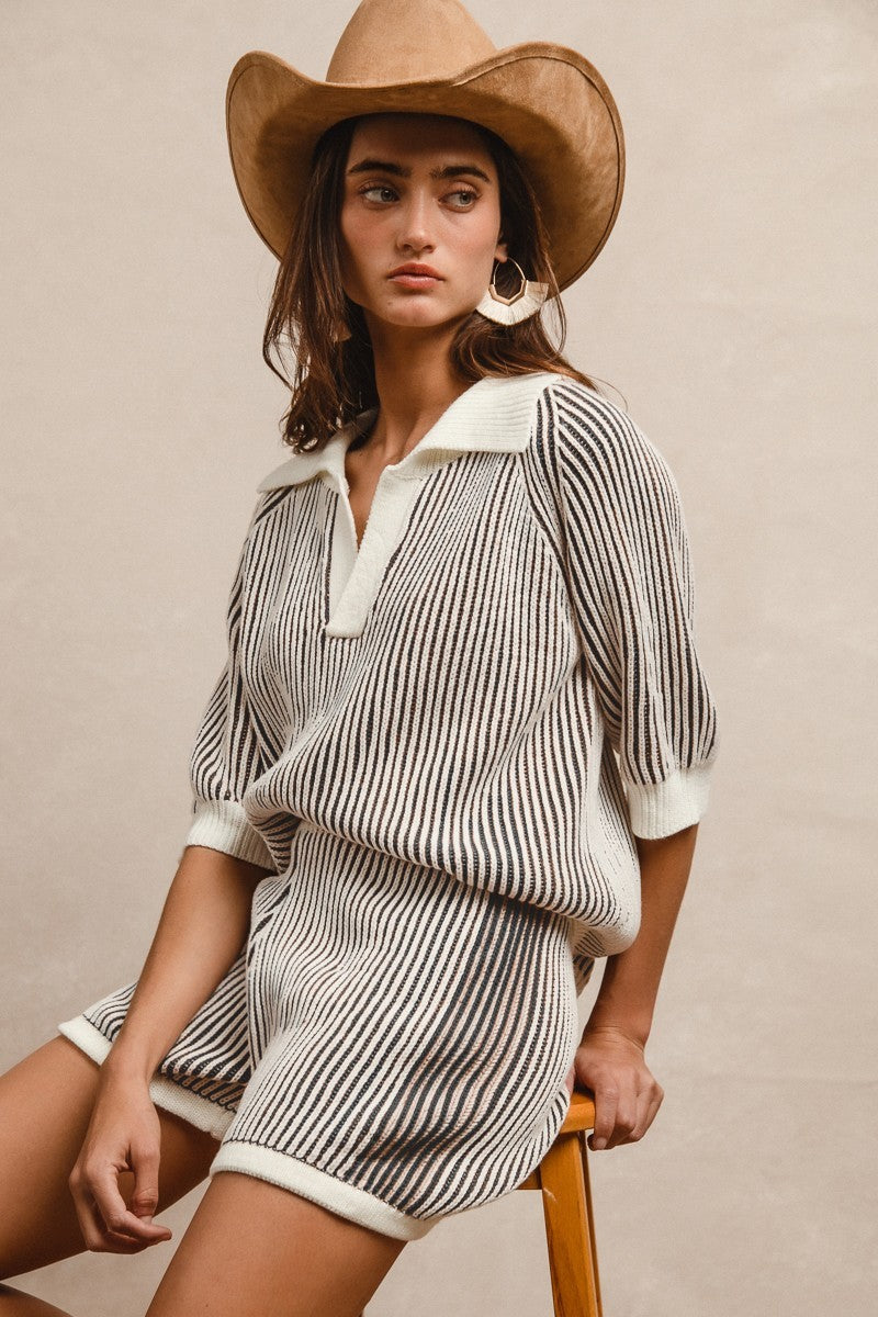 BiBi Two Toned Textured Ribbed Sweater Top and Shorts Set in Ivory/Grey