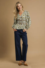 Load image into Gallery viewer, Umgee Floral Print and Leopard Print Accent Peplum Top in Mustard Green
