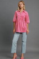 Umgee Stone Washed Corduroy Tunic Top in Hot Pink