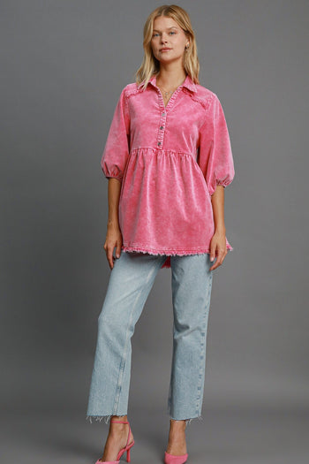 Umgee Stone Washed Corduroy Tunic Top in Hot Pink