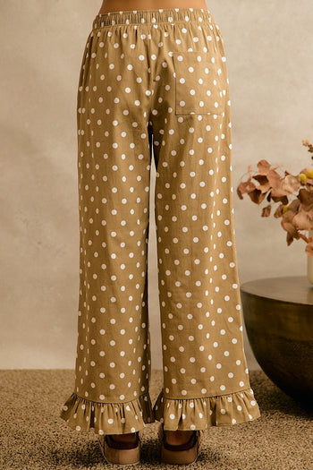 So Me Polka Dot Print Waist Elastic Ruffle Pants in Beige/White