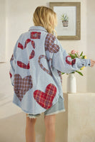 Oli & Hali Mineral Washed OVESIZED Top with Mixed Plaid Heart Patches in Blue