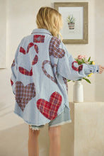 Load image into Gallery viewer, Oli &amp; Hali Mineral Washed OVESIZED Top with Mixed Plaid Heart Patches in Blue
