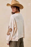 BiBi Color Block Textured Ribbed Knit Top with Flower Patches in Ivory/Brown