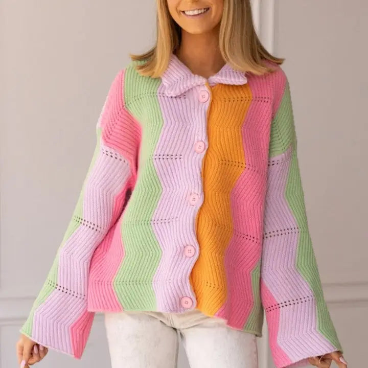 Grace+Emma Boho Bliss Rainbow Chevron Pattern Cardigan in Multi