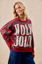 Load image into Gallery viewer, BiBi OVERSIZED Plaid Top with Sherpa Holly Jolly Patches in Red Plaid
