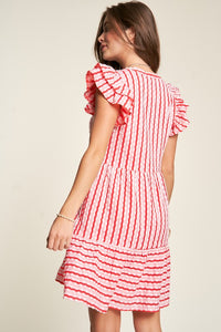 Davi & Dani Solid Geo Striped Button Front Dress in Pink Red Dresses Davi & Dani   