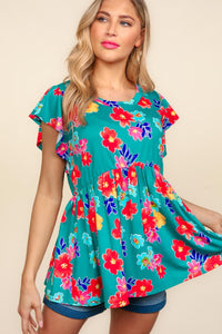 Haptics Floral Print Peplum Babydoll Top in Teal/Scarlet