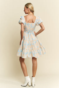 Davi & Dani Bow Print Tiered Mini Dress in Blue