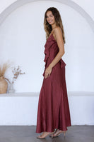 Storia Satin Ruffle V-Neck Dress in Raspberry
