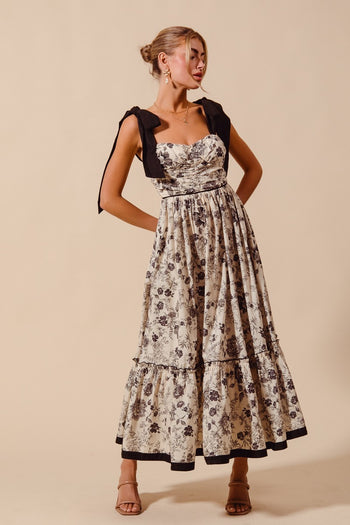 So Me Floral Print Maxi Dress with Contrasting Ribbon Shoulder Ties in Vintage Black