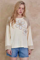 mello. Checkered Contrast Top with Daisy Patches in Multi Brown