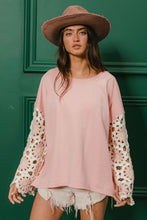 Load image into Gallery viewer, BiBi French Terry Pullover Top with Crochet Sleeves in Blush
