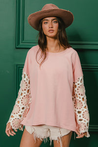 BiBi French Terry Pullover Top with Crochet Sleeves in Blush