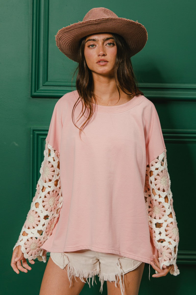 BiBi French Terry Pullover Top with Crochet Sleeves in Blush