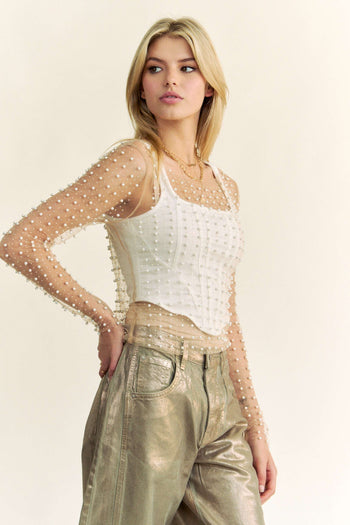 Davi & Dani Sheer Mesh Pearl and Stone Embellished Top in Nude