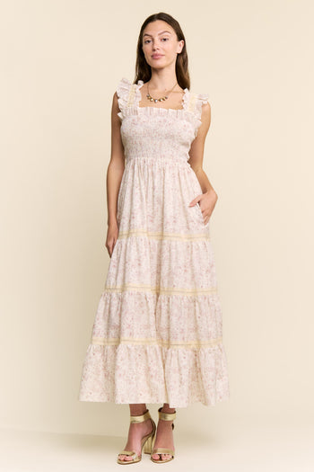 Davi & Dani Flower And Bunnies Print Maxi Dress in Mocha