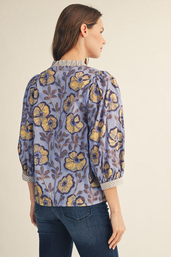 Jodifl Ruffled Neckline Floral Top in Blue