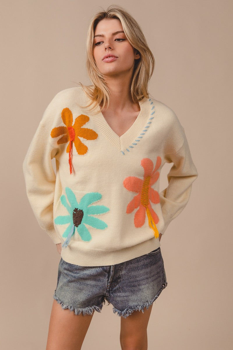 トップス bibiy BY. FLOWER SWEATSHIRT BiBi Flower Pattern Sweater with Stitched and Fringe Details in