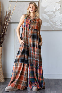 Oli & Hali Mineral Washed Mixed Plaid Jumpsuit in Rust