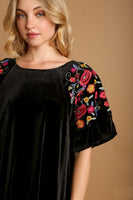 Umgee Velvet Mini Dress with Floral Embroidery in Black