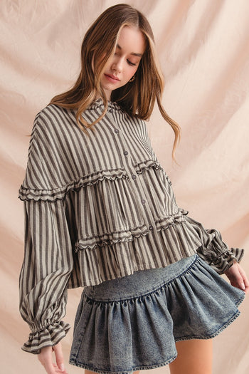 So Me Variegated Stripe Reversible Flowy Boho Top in Black