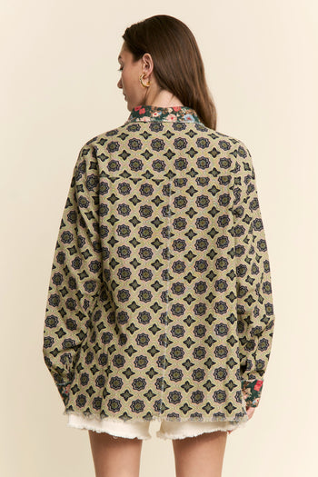 J.nna Mixed Pattern Button Down Top in Green Garden