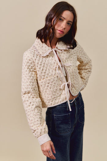 So Me Quilted Floral Jacket with Front Ties in Beige Multi