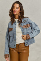 So Me Denim Jacket with Contrasting Faux Leather Details in Denim/Brown
