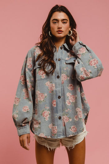BiBi OVERSIZED Washed Denim Floral Print Shacket in Light Denim ON ORDER