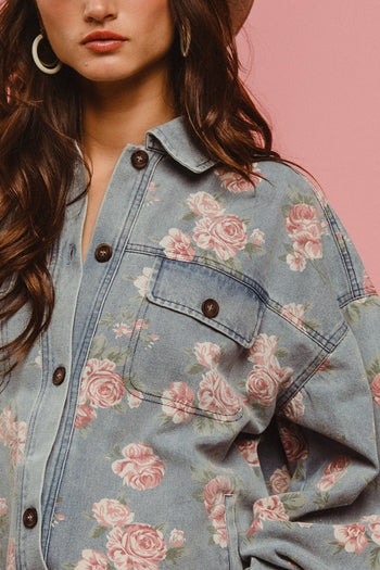 BiBi OVERSIZED Washed Denim Floral Print Shacket in Light Denim ON ORDER