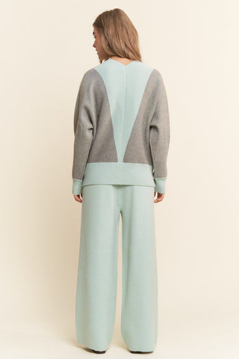 J.nna 2 Piece Knit Sweater Set with Ribbed Details in Light Grey Mint