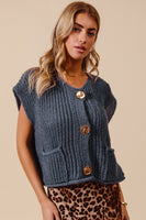 So Me Solid Color Knit Sweater Vest with Big Metal Buttons in Midnight Blue