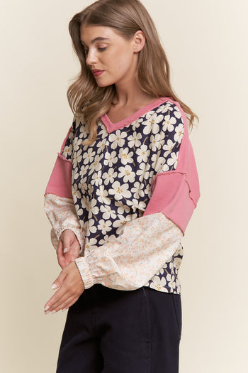 J.nna Mixed Fabric Relaxed Fit Top in Navy Pink