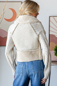 Oli & Hali Faux Fur and Leather CROPPED Jacket with Cable Knit Sweater Sleeves in Cream