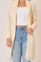 Cozy Co. Cable Knit Fringe Hem Cardigan in Ivory