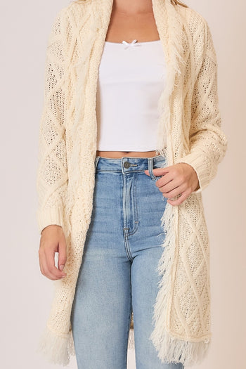 Cozy Co. Cable Knit Fringe Hem Cardigan in Ivory