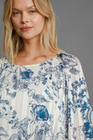 Umgee Lurex Floral Print Top in Blue