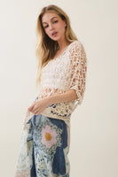 Veveret Boho Breeze Crochet Knit Top in Cream