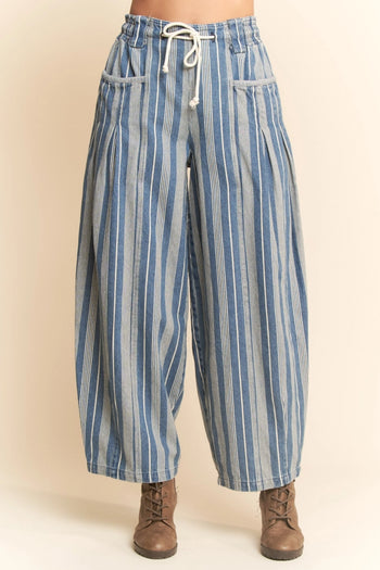 Davi & Dani Striped Barrel Pants in Light Denim Stripe