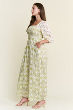 Load image into Gallery viewer, J.nna Lace Sleeve Smocked Bodice Jumpsuit in Green

