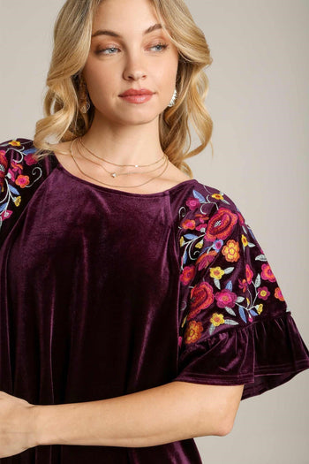 Umgee Velvet Mini Dress with Floral Embroidery in Eggplant