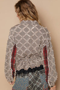 POL Textured Denim Jacket with Plaid and Lace Details in Black Denim