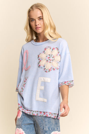 Davi & Dani LOVE Letter Patchwork Top in Light Blue