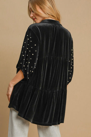 Umgee Velvet Tunic Top with Pearls in Black