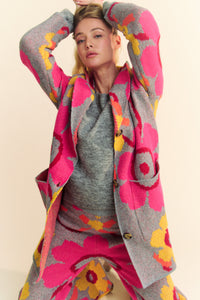 Davi & Dani Floral Print Button Down Cardigan in Grey Fuchsia